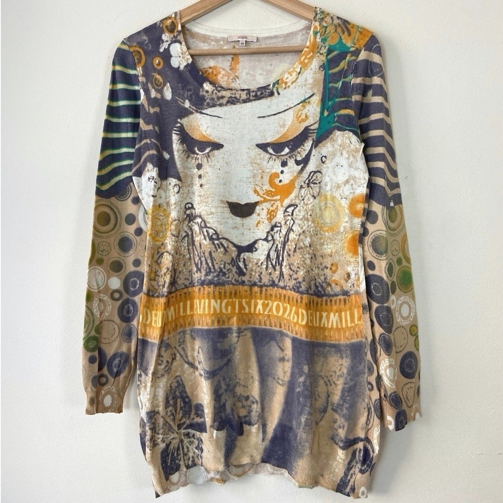 Kenzo Women's Colorful Graphic Art Print Long Sleeve Tee Shirt - Size 40 - M/L